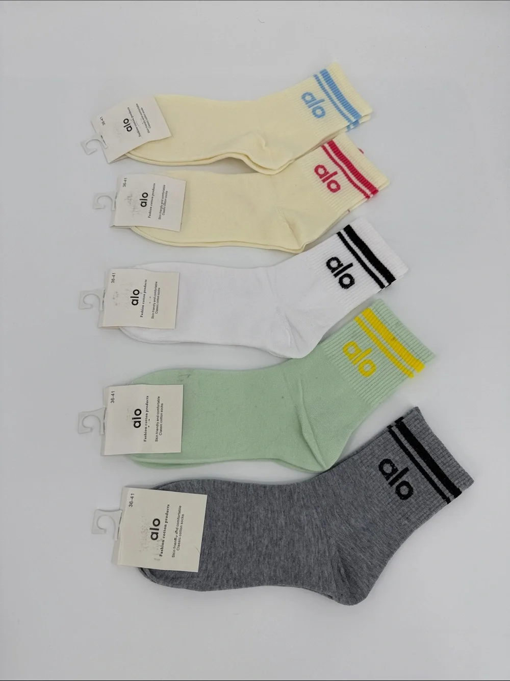 ALO Yoga  Crew Socks Pack – Cream, White, Mint, Gray with Accent Stripes 5 Pairs